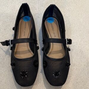 Sincerely Jules Black Mesh Mary Jane Flats with Floral Accents 7.5